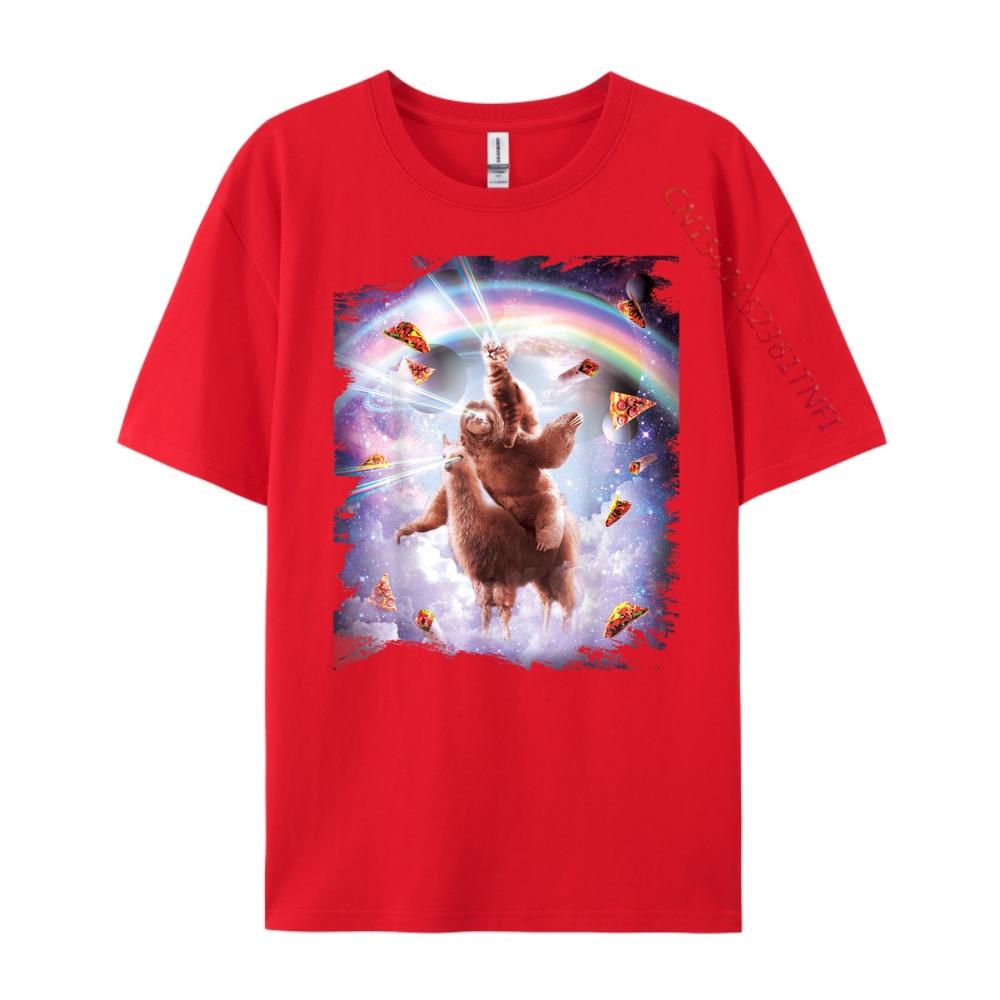 Laser Eyes Space Cat Riding Sloth Llama Rainbow Shirts Graphic Tee White T Shirt Men