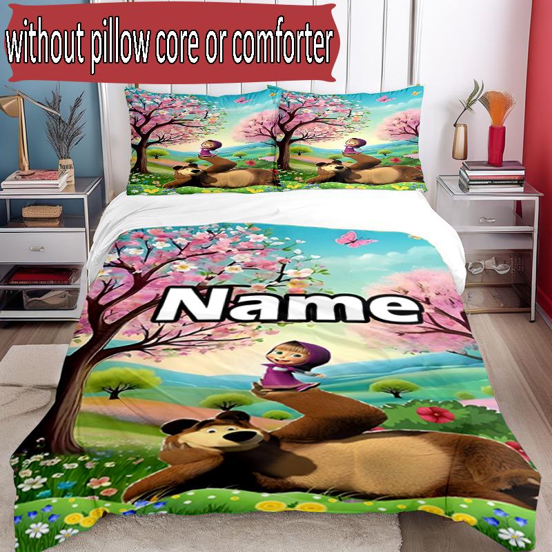 3pcs Duvet Cover Set (1*Duvet Cover + 2*Pillowcase, Without Core), Custom Name Masha and The Bear Pattern Bedding Set, Home Bedroom Decor Gift