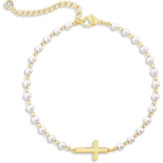 Moodear Cross Bracelet for Women, Dainty Sterling Silver/Gold Plated Gift | Christian Religious Gifts for Teen, Stocking Stuffers, Adjustable Link