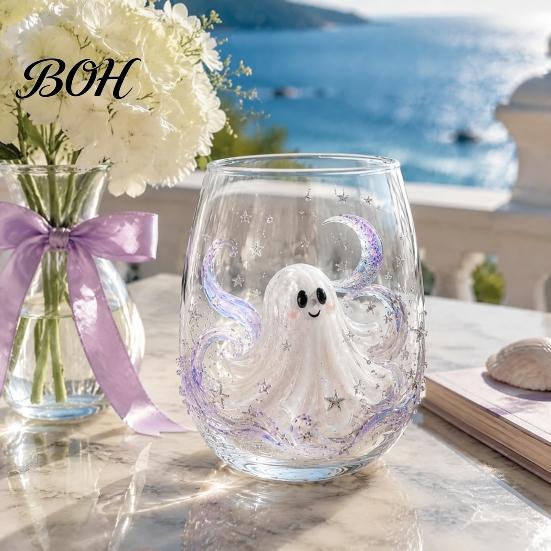 Modern Glass Tumbler Halloween Artisan Glassware, Stemless Drinking Glasses with Raised Pumpkin Ghost Black Cat Web Large Capacity Beverage