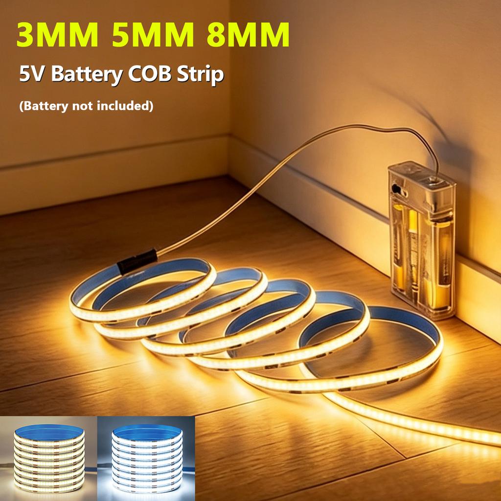 5V COB Led Strip Battery Power with Switch Night Light 3mm 5mm 8mm PCB Ribbon Tape 320LEDs Flex for Under Cabinet Bedroom Decor