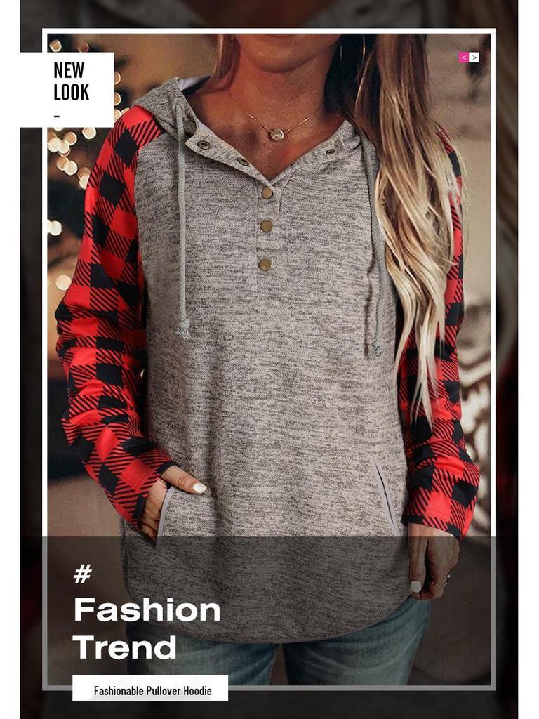 Shiying Плед Колорблок Вафельный Свитшот - Женский Повседневный Осенне-Зимний Топ на Пуговицах