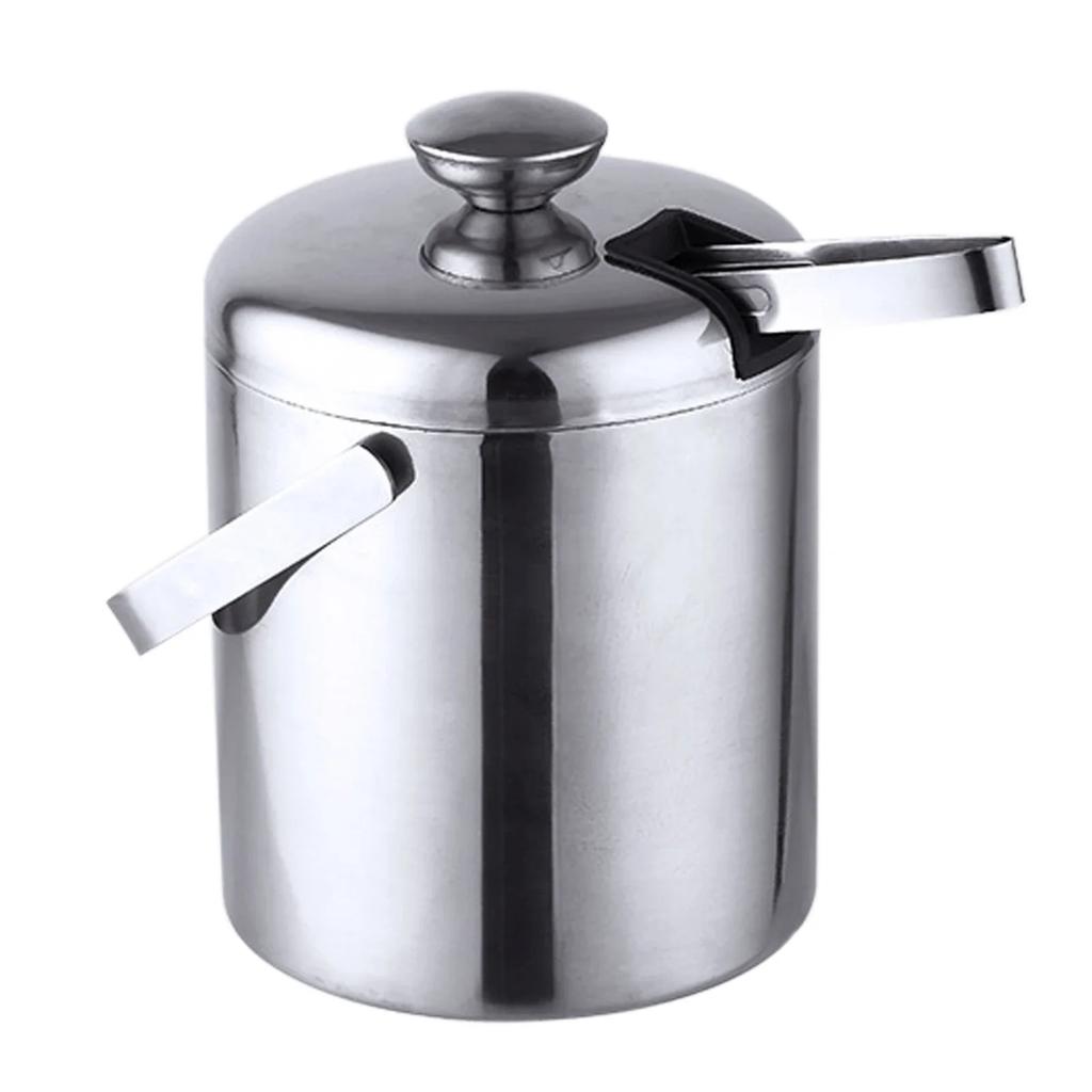1.3L Stainless Steel Ice Bucket with Double Wall Portable Insulation with Lid, Carry Handle, Ice Scoop and Strainer, Silver