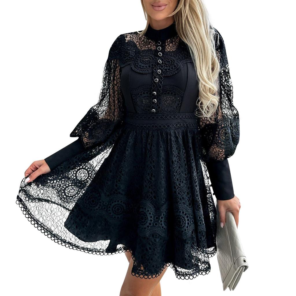Ladies Fashion Sexy Solid Color Temperament Long Sleeved Lace Lace Lace Dress