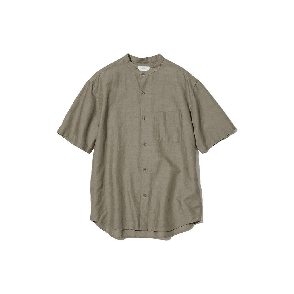 Uniqlo Однотонная рубашка с воротником-стойкой и коротким рукавом, унисекс, темно-оливковый 457438-57