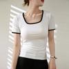 Threaded Cotton Square Collar T-shirt for Women's Short-sleeved New Retro Color-blocking Tight Base Shirt