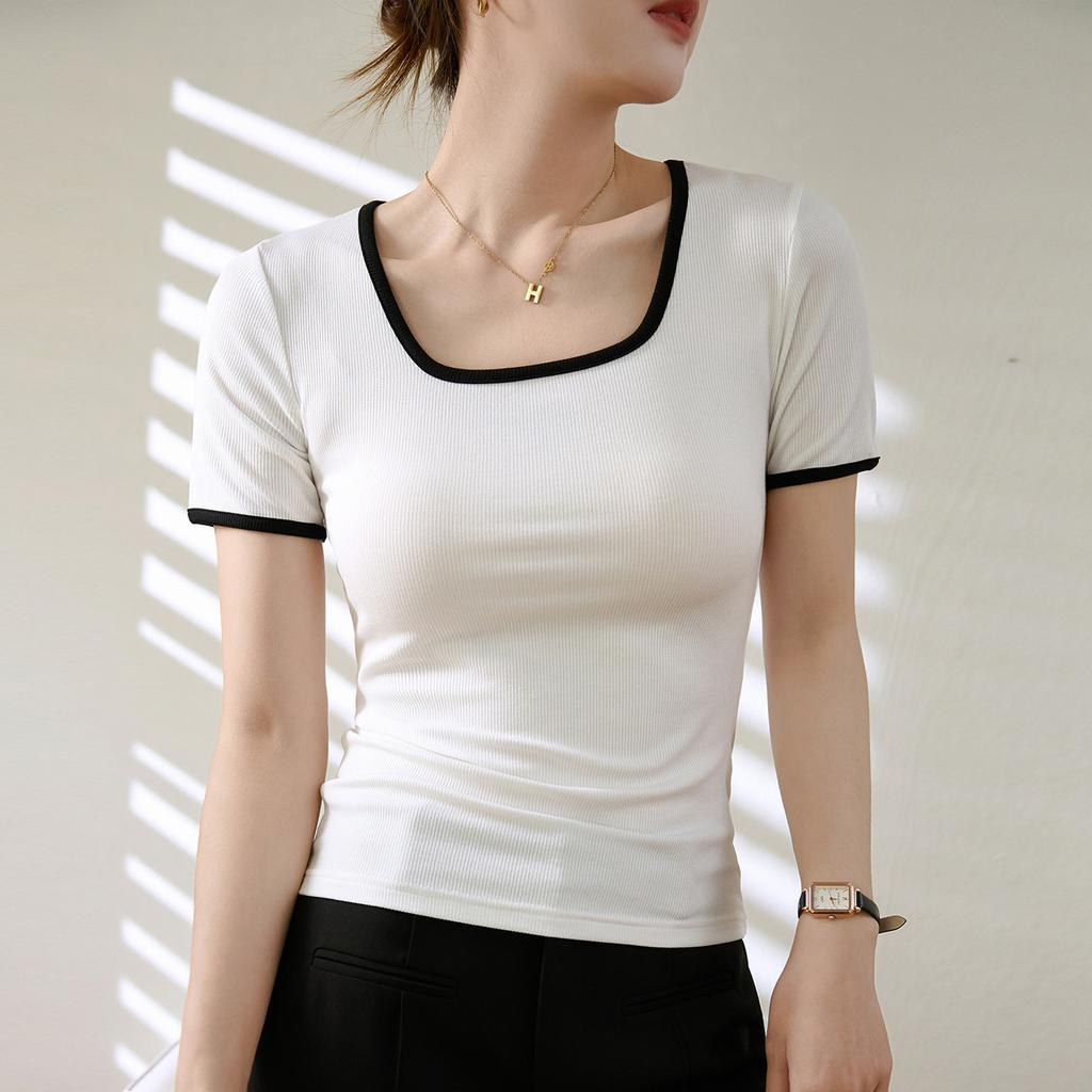 High Elastic Threaded Cotton Square Neck T-shirt Women's Short-sleeved 2024 New Retro Color Matching Tight-fitting Bottoming Shirt