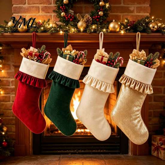 Vintage Style Lace Christmas Stockings Large Ruffled Cuff Stockings, Thick Xmas Gift Sack with Hanging Small Candy Pouches for Rope, Fireplace Present