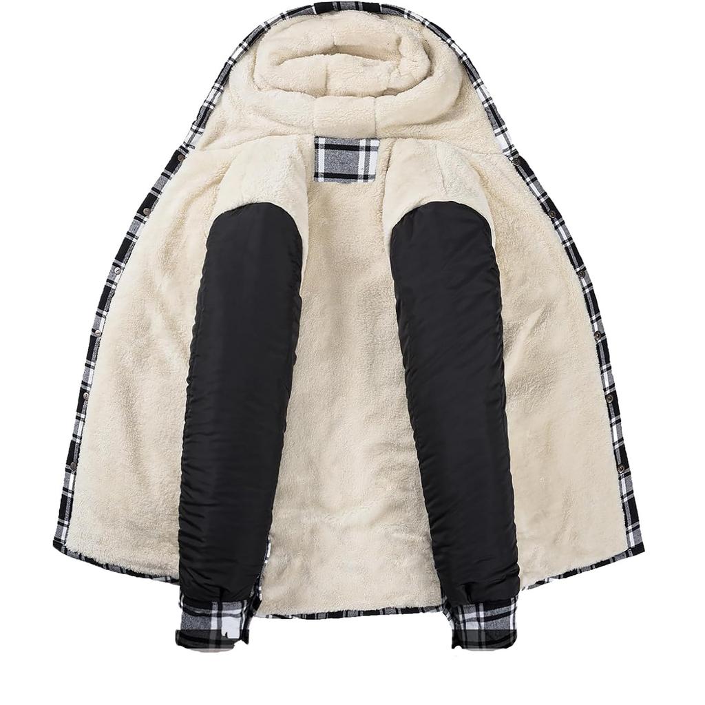 Мужская клетчатая рубашка на стеганой подкладке на пуговицах с бархатной теплой курткой с капюшоном