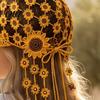 Boho Chic Photography Prop Hand Crocheted Sunflower Baseball Cap, Bohemian Tassel Bell Hat, Handmade Knit Cutout Floral Spring Summer Fashion