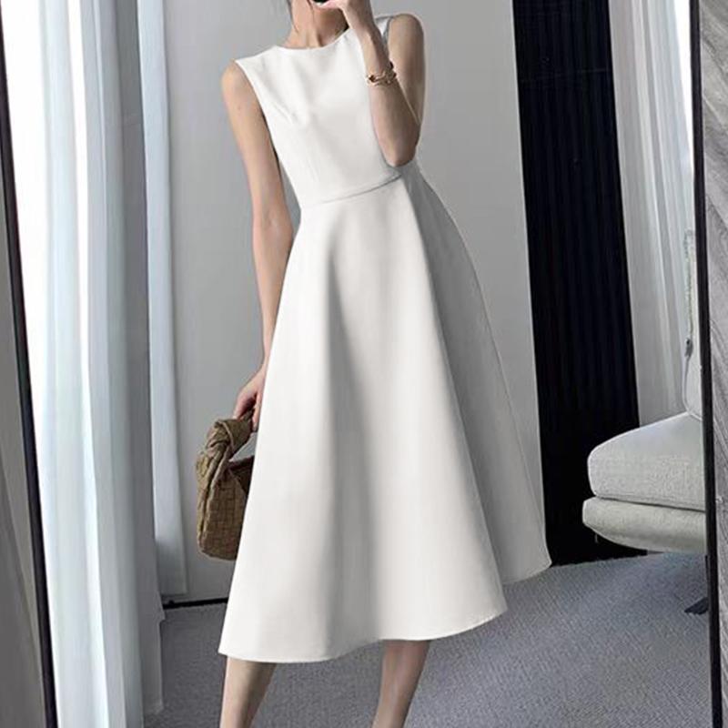 ZANZEA Women Summer Elegant Round Neck Sleeveless Solid Color Waist Dress