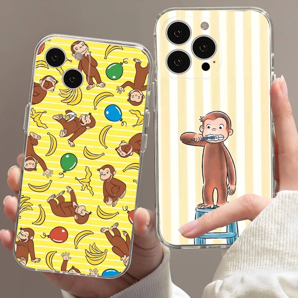 Cute C-Curious G-George Monkey for iPhone 17 16 15 14 13 12 11 Pro Max Plus Transparent Soft TPU Phone Cover