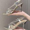 2024 Temperament Women Stiletto Sandals Gold Narrow Band Ankle Strap Rome Sandalias Sexy Opee Toe Thin High Heels Party Shoes Gold