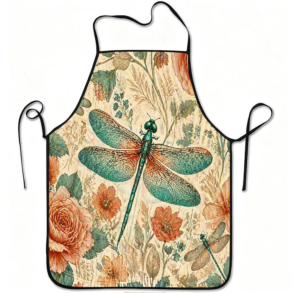 1pc Dragonfly & Vintage Floral Apron - Adjustable Waistband, Durable Easy-Clean Polyester Suitable for Kitchen Cooking, Gardenin