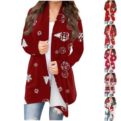 Осенние и зимние модели женской моды и отдыха с рождественскими принтами в длинном кардигане с капюшоном