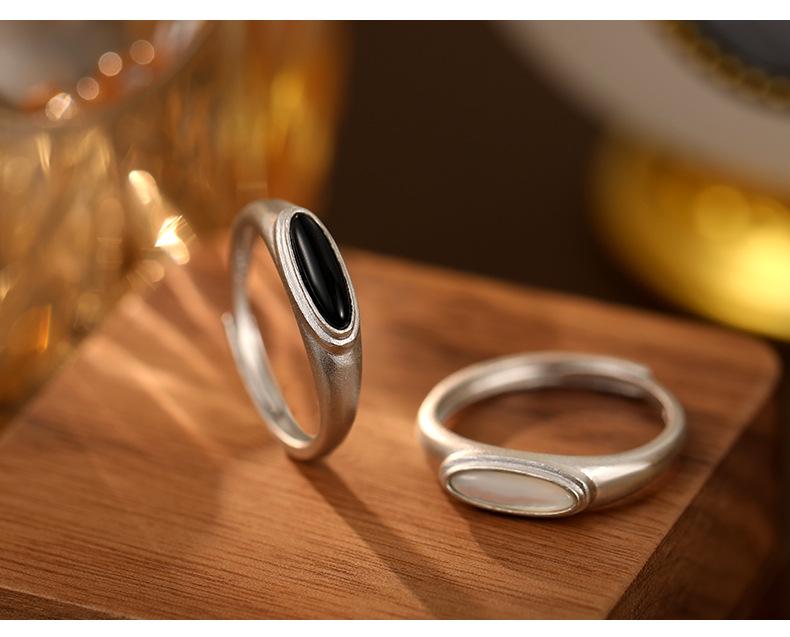 Frosted S925 Silver Ring with Black Agate & White Mother-of-Pearl - European, American, Japanese & Korean Style