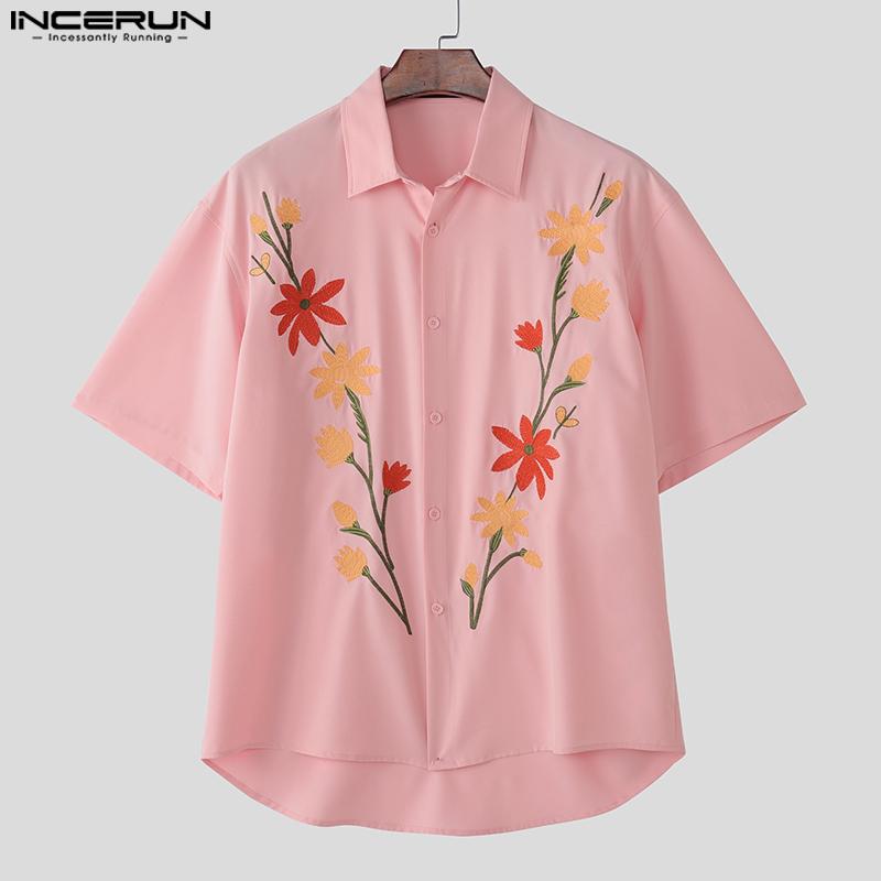 INCERUN Летние мужские рубашки с воротником-лацканом и коротким рукавом с цветочным принтом и пуговицами