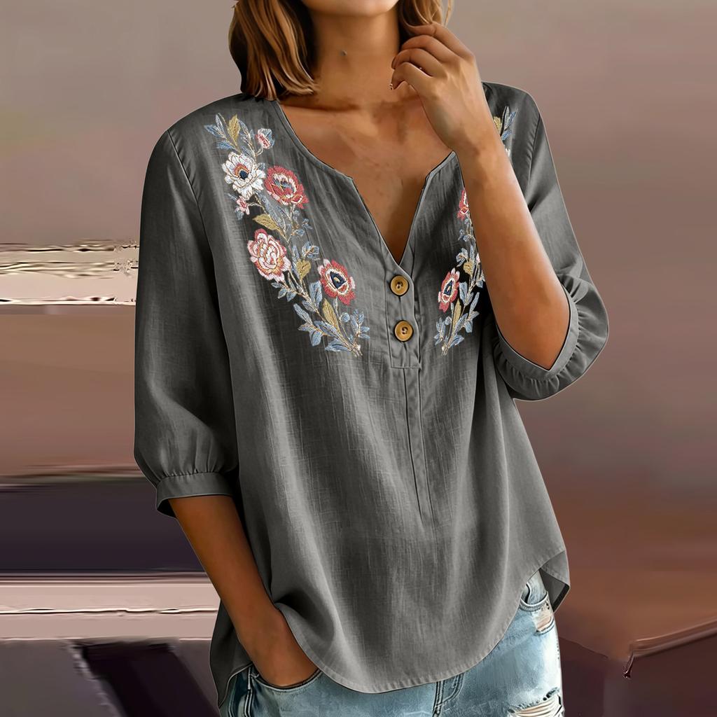 Женская льняно-хлопковая блузка-henley с цветочной вышивкой, пуговицами на воротнике, рукавами три четверти, повседневная, свободного кроя