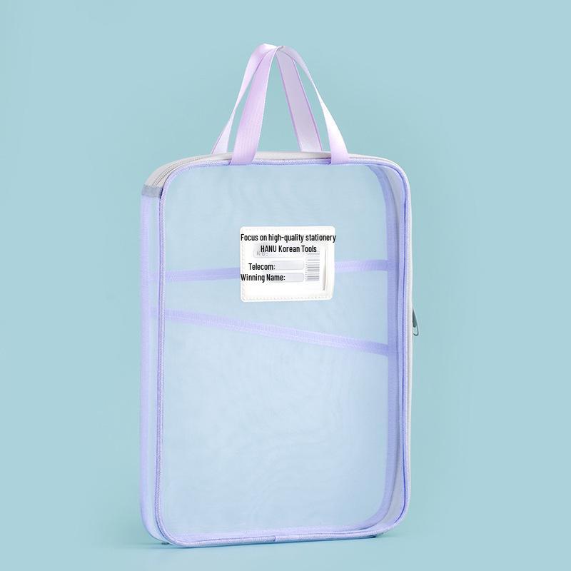 Korean Handheld L-Shaped Mesh Zipper File Bag - Large Opening for Student Book Carrying & Discipline Classification