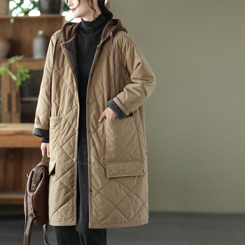 Vintage Thick Hooded Padded Jacket Women New Spring Autumn Parkas Casual Mid-Length Warm Cotton Coat Female Loose Overcoat