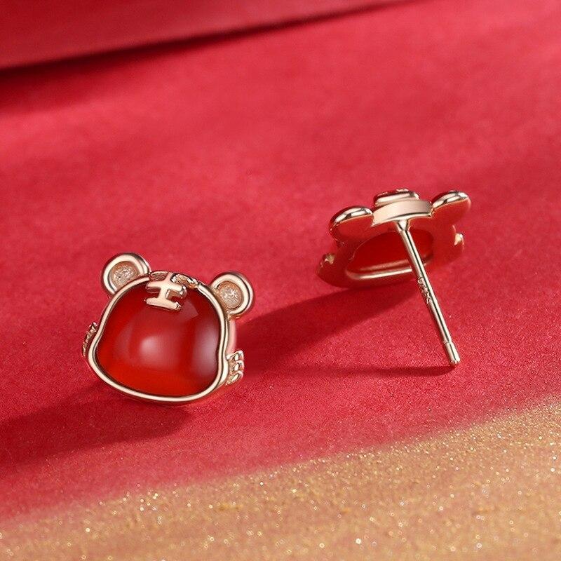 Chinese Style Original New Year Of The Tiger Zodiac Earrings Female S925 Sterling Silver Niche Design Red Agate Women Earrings