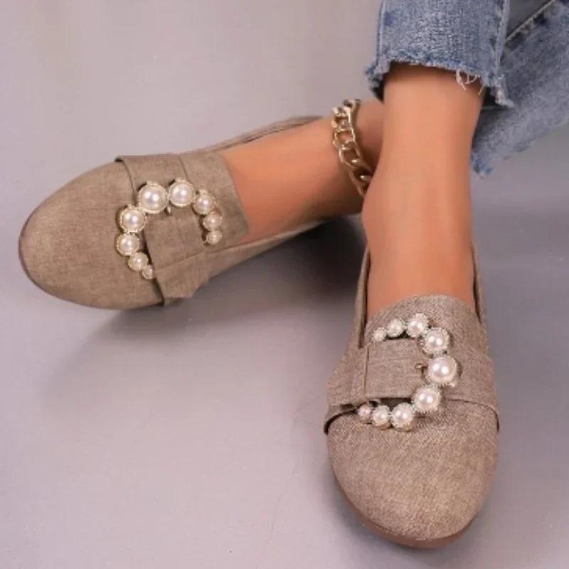 2024 Fashion Shoes for Women Slip On Women's Flats Spring Round Toe Solid Denim Bead Decoration Shallow Mouth Commuting Flats