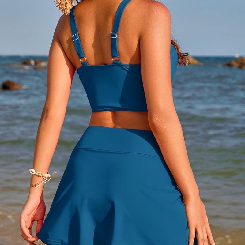 New Solid Color Women's Split Swimsuit Deep V Hollow Top High Waist Culottes Women's 2-piece Swimming Set