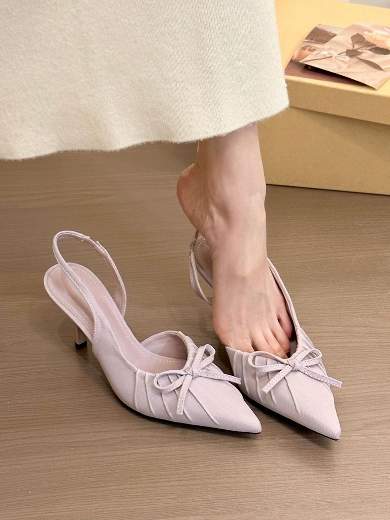 Fairy Wind Bow Pointed Wrinkled Sandals Female 2025 New Fashion Temperament with Skirt High Heels Single Shoes