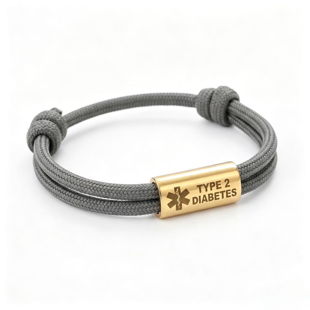 Type 2 Diabetes Bracelet Stainless Steel Engraved Bar Double Braided Nylon Rope for Men Women