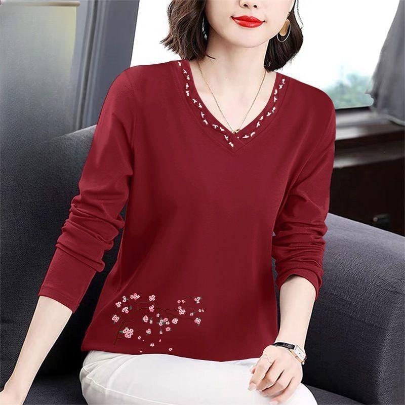 Long Sleeve Shirt Women Slim Fit Autumn Wear Plus Size Embroidered Floral Collar Top Mom Fall Spring Blouse