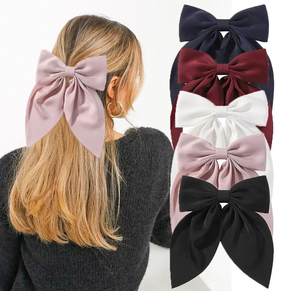 Chiffon Bow Hair Clip Women Large Bowknot Stain Hairpin Girls Solid Color Ponytail Clip Hair Accessories Headwear Gift