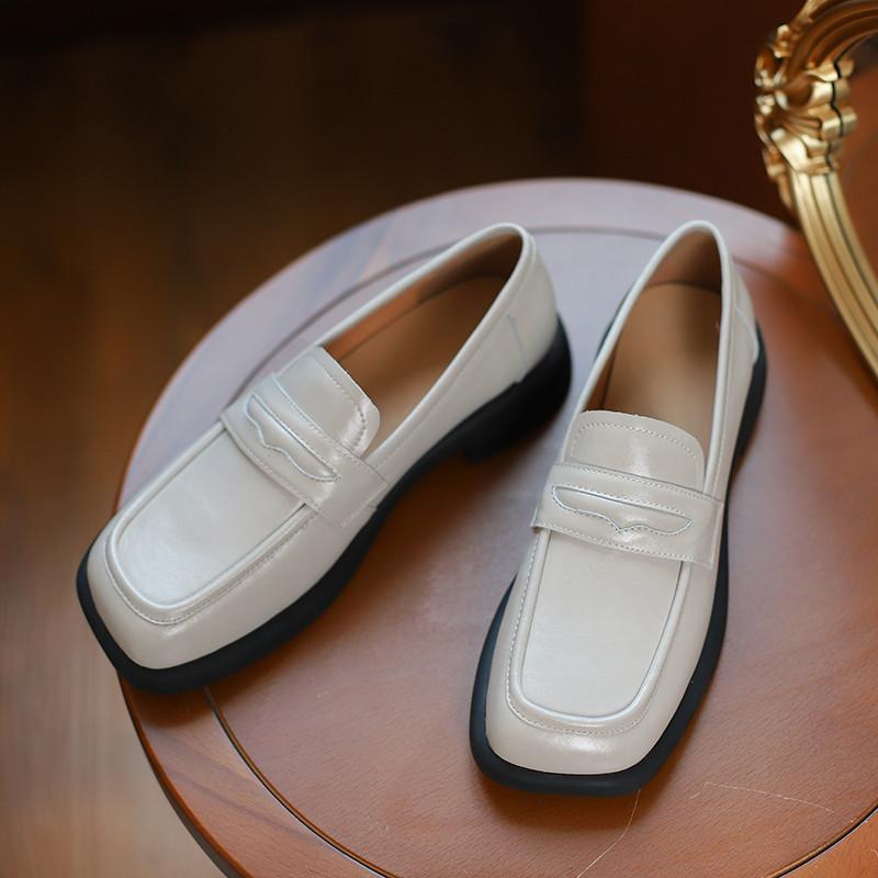 New Fashion  Cow Leather Women Shoes Casual Square Toe Loafers Convenient Thick Heel Slip -On Shoes For Women Platform Shoes