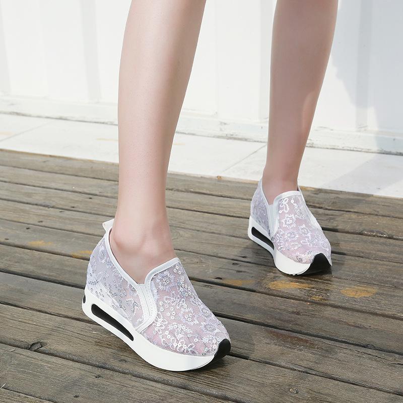 White Lace Sneakers Women Shoes Fashion Casual Shoes Wedge Heels 2024 Glitter Summer Platform Sneakers Shoes Women