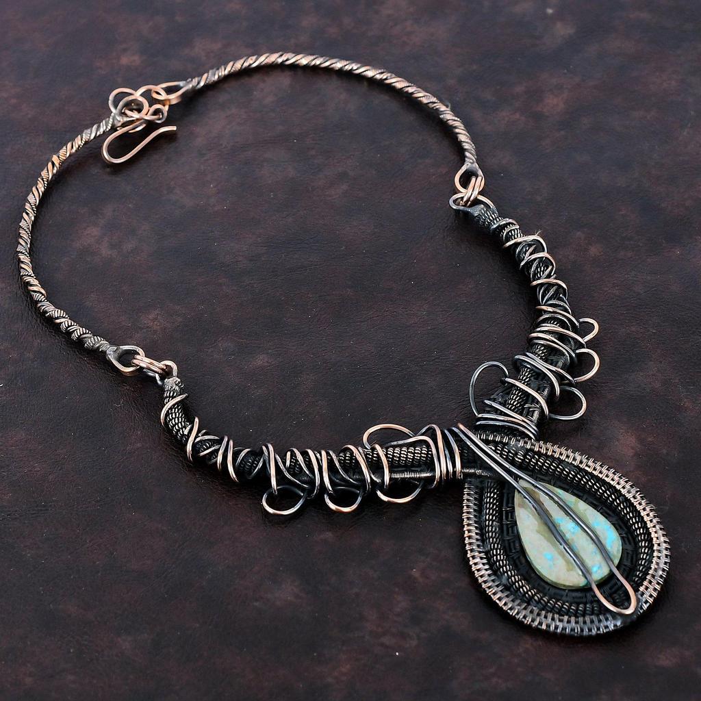 Chrysocolla Gemstone Necklace Copper Wire Wrapped Necklace Handmade Necklace Copper Jewelry Adjustable Necklace Gift For Mom Amazing Jewelry
