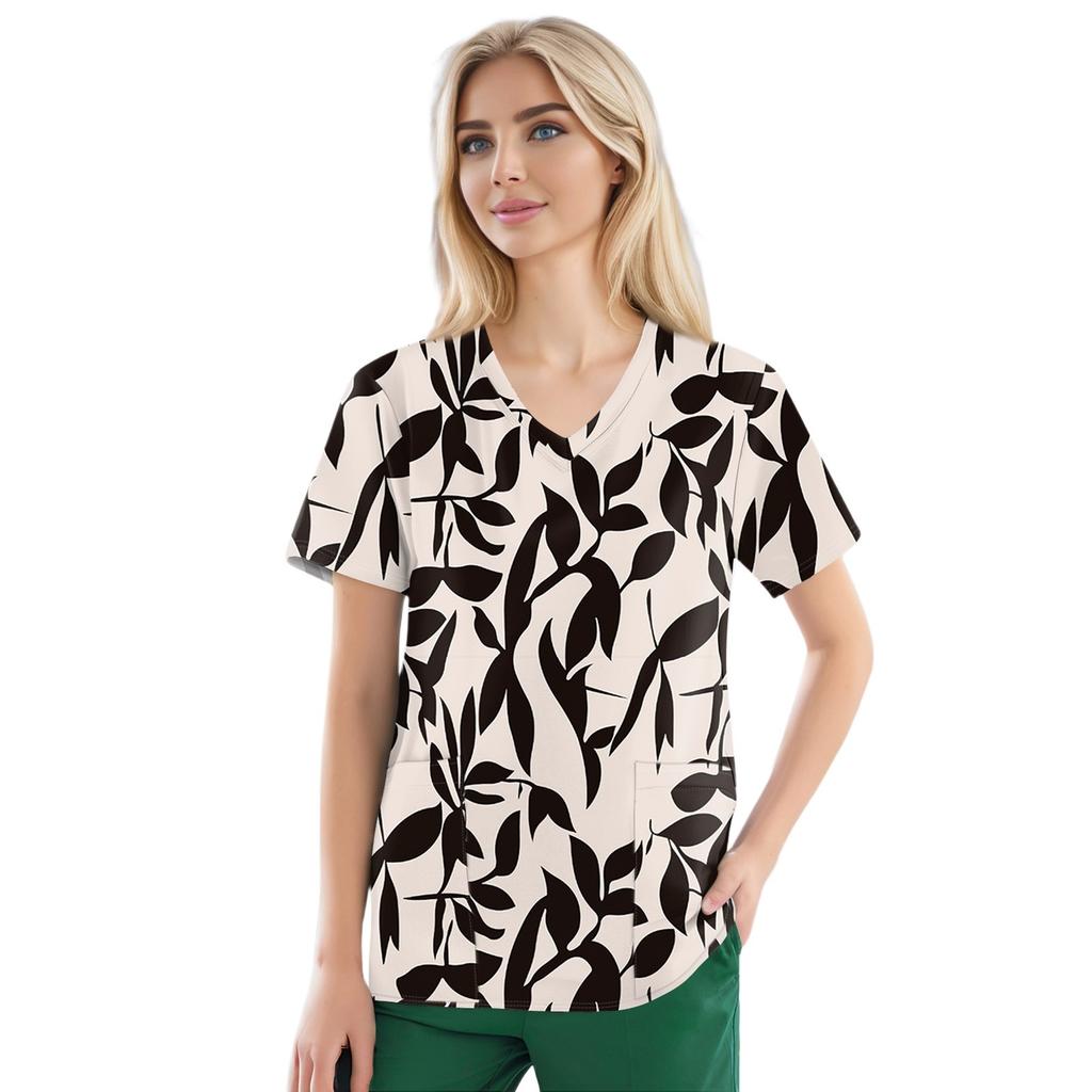 Рабочая форма больших размеров с принтом, топы для женщин, забавные футболки с v-образным вырезом и короткими рукавами, рабочая одежда, футболка с карманами