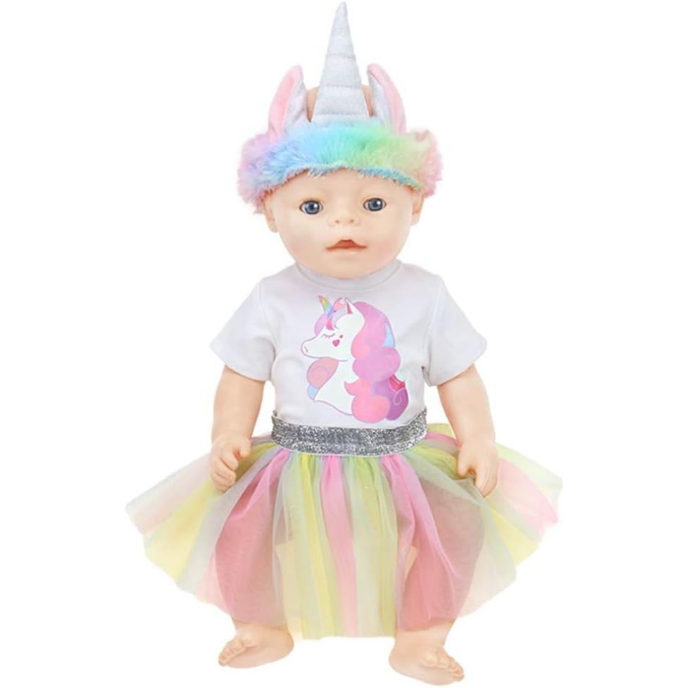 Одежда для новорожденных куколок, комбинезон с рисунком единорога, юбка и повязка на голову для кукол 18 дюймов. (40-45cm) Набор из 3 шт.