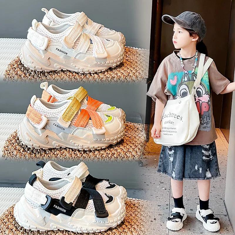 Kids Summer Running Shoes 2024 New Breathable Casual Sports Shoes with Cross Strap Neutral Hollow Breathable Sneakers Hook&loop