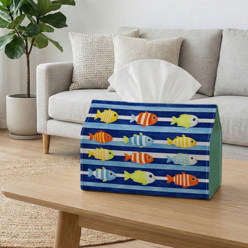 2D Flat, 1 Vintage Tissue Box, Coastal Nautical Style - Blue Fish Stripes, Durable Polyester Material, Available in Two Sizes, Perfect for Kitchen, Li
