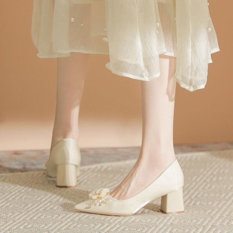 High Heels Spring Summer 2025 New Pearl Elegant Fairy Shoes with Soft Soles and High-grade Champagne Women's Shoes Thick Heel