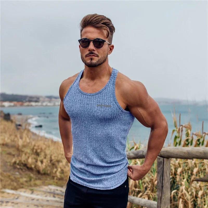 Muscleguys Спортивный зал Бодибилдинг Вязаные полоски Майки Летние Дышащие Быстросохнущие Без рукавов Мужские Фитнес Мышцы Приталенный Крой Спортивные жилеты
