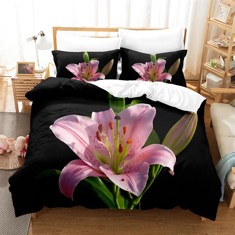 Lily Duvet Cover Set for Single Double Bed Pink Flower Quilt Cover King Size Bedding Set 2PCS 3PCS with Pillowcase Full Twin New