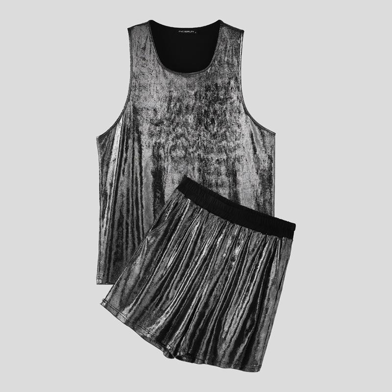 INCERUN Two Pieces Men Glitter Sleeveless Tank Tops and Shorts Casual Sets
