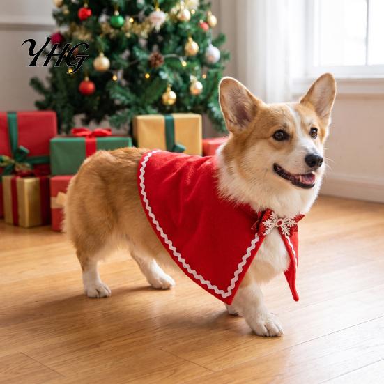 Pet Christmas Cape with Bow, Red Cloak for Small Medium Dogs & Cats, Dog Holiday Outfit White Wavy Trim, Festive Costume Apparel Pets