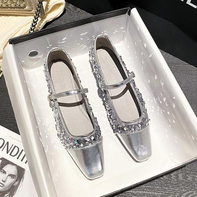 Модные туфли Мэри Джейн из серебристой кожи в стиле пэчворк, женские балетки с ремешком на щиколотке, блестящие мокасины, женские блестящие туфли большого размера 42