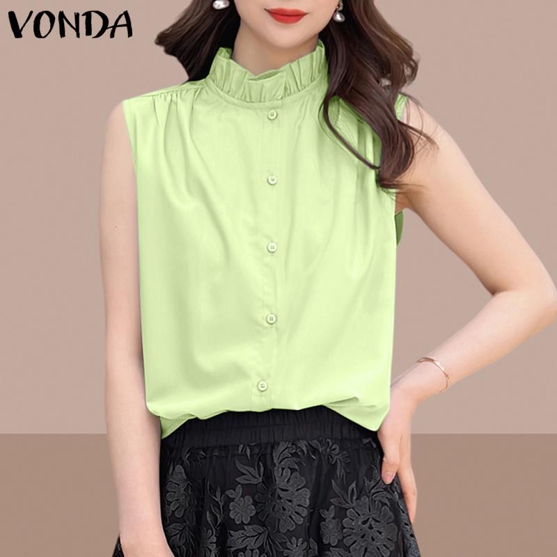 VONDA Women Summer Ruffled Round Neck Sleeveless Blouses