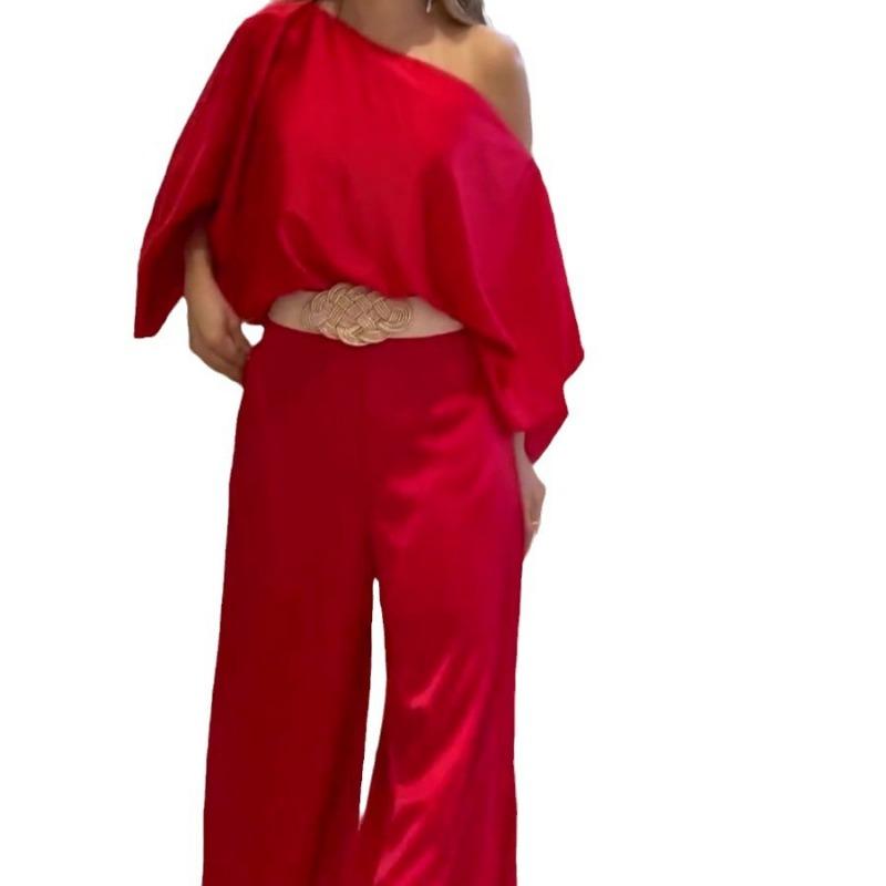 2024 Spring Women Rose Printed Blouse 2 Two Piece Set Outfits Loose High Waist Wide Leg Pants Casual Loose Oblique Shoulder Lantern Sleeve Tops 1010-8