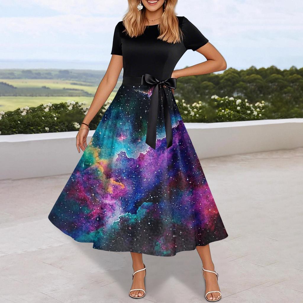 Платье-клеш в стиле ретро с принтом для женщин, повседневное, с коротким рукавом, круглым вырезом, винтажное платье