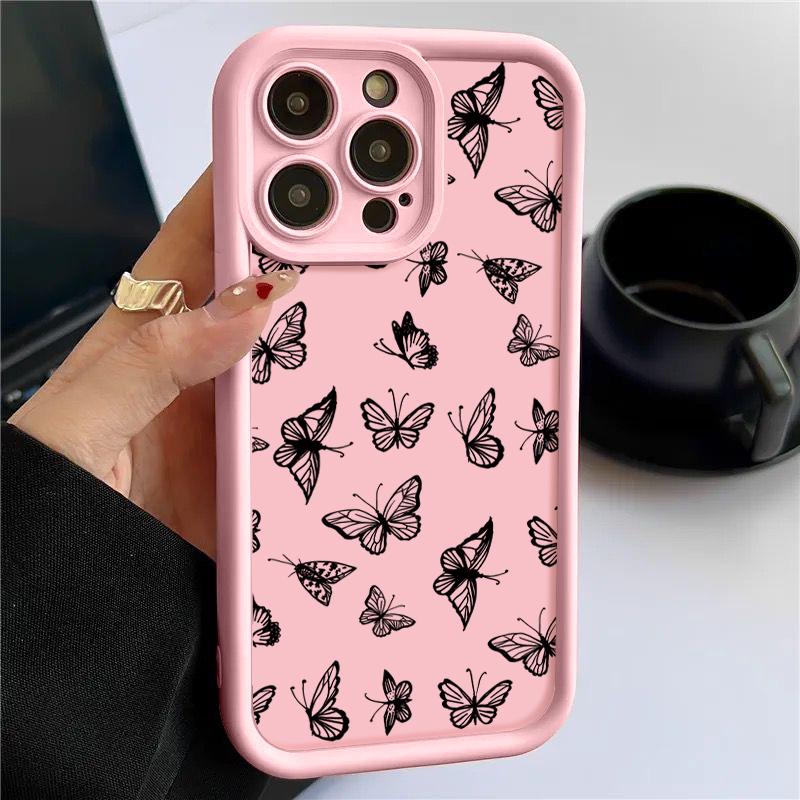 Чехол с рисунком бабочки для iPhone 16 Pro 15 14 Pro Max Plus 13 12 11 Pro Max Xs X Xr 8 7, ударопрочный, мягкий, карамельного цвета, защитный чехол для линз из силикона