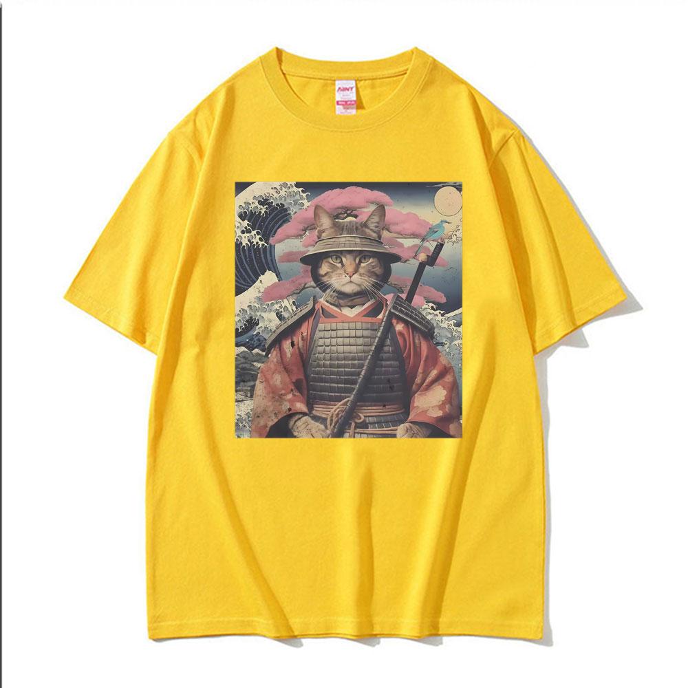 Cat Samurai Pattern T Shirt For Unisex Trendy Animal 3D Printed Tees Casual Short Sleeve Oversized Street TShirts Round Neck Tops