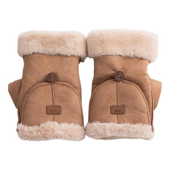 Women Winter Suede Gloves Thickened Convertible Fingerless Mittens Fleece-lined Warm Gloves with Fluffy Cuffs for Outdoor Cycling Hiking